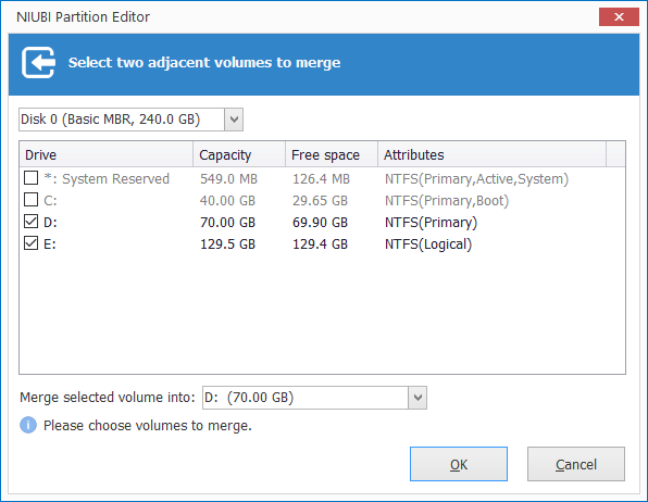 Seleccionar volumen para fusionar